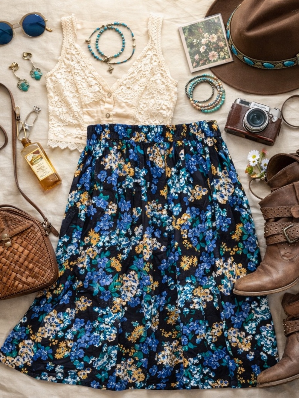Vintage Floral Midi Skirt Blue & Yellow pull on elastic waist made in U.S.A